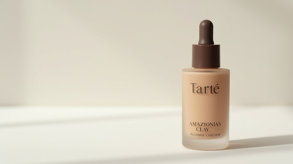 Close-up view of Tarte Amazonian Clay Foundation bottle on a white surface