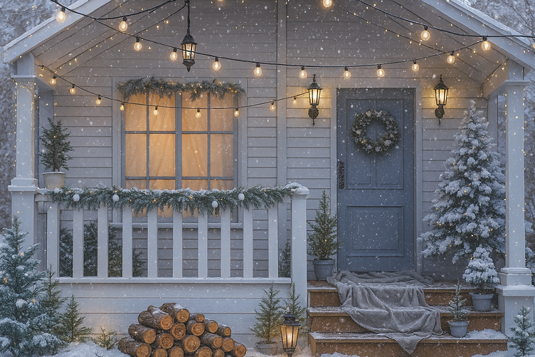 Snow-covered front porch with evergreen trees, lanterns, and soft winter lighting on a wooden house.