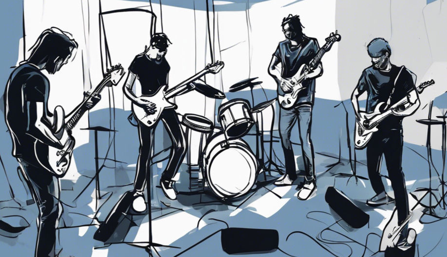 Rock band jamming in a rehearsal space in blue, grey, white, and black.jpg