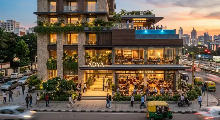 Fachada urbana em Bengaluru com restaurante, rooftop e movimento de rua ao entardecer