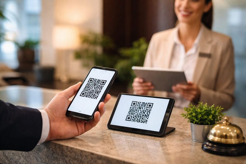 Hóspede a fazer o check-in digital através da leitura de um QR code no telemóvel na receção de um hotel, ilustrando a rapidez da nova FNRH Digital.