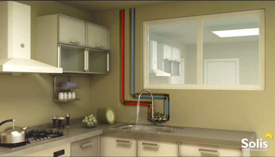 sistema de aquecimento solar abastecendo com água aquecida cozinha-min