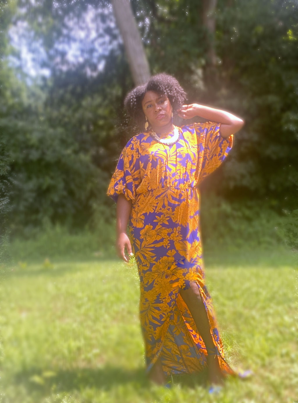 cobalt tropical print batwing sleeve split leg maxi dress