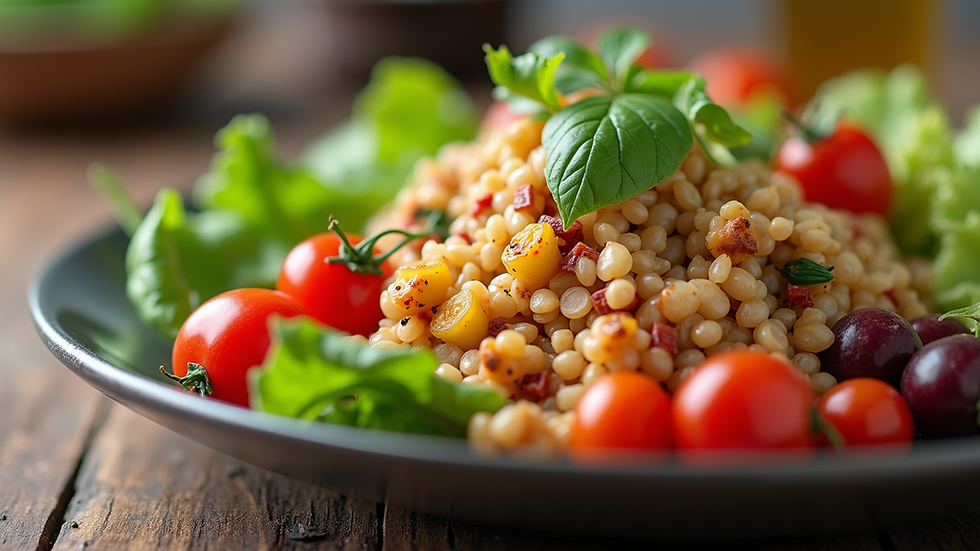 Eye-level view of a healthy meal with colorful vegetables and grains