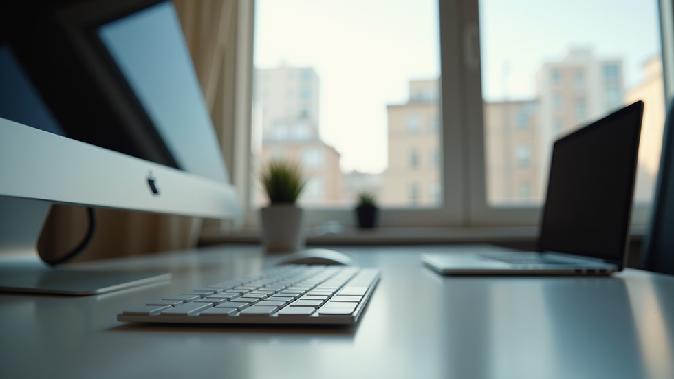 Eye-level view of a modern workspace with a focus on a sleek desk and a laptop