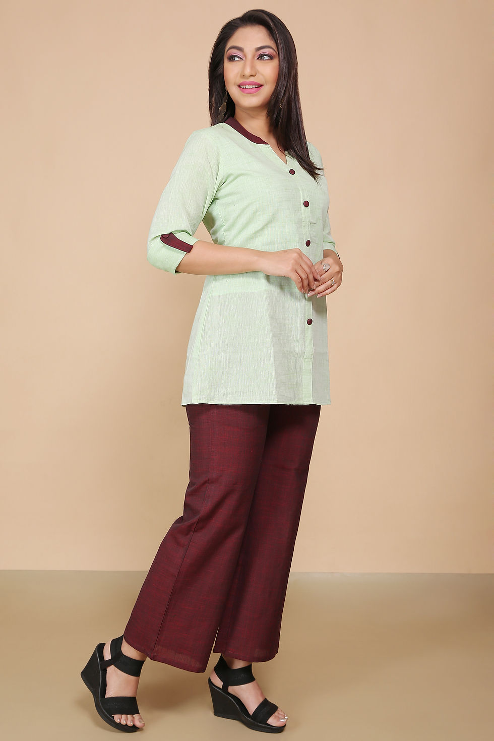 Thumbnail: Solid Khadi Cotton Coords Set In Sea Green & Maroon