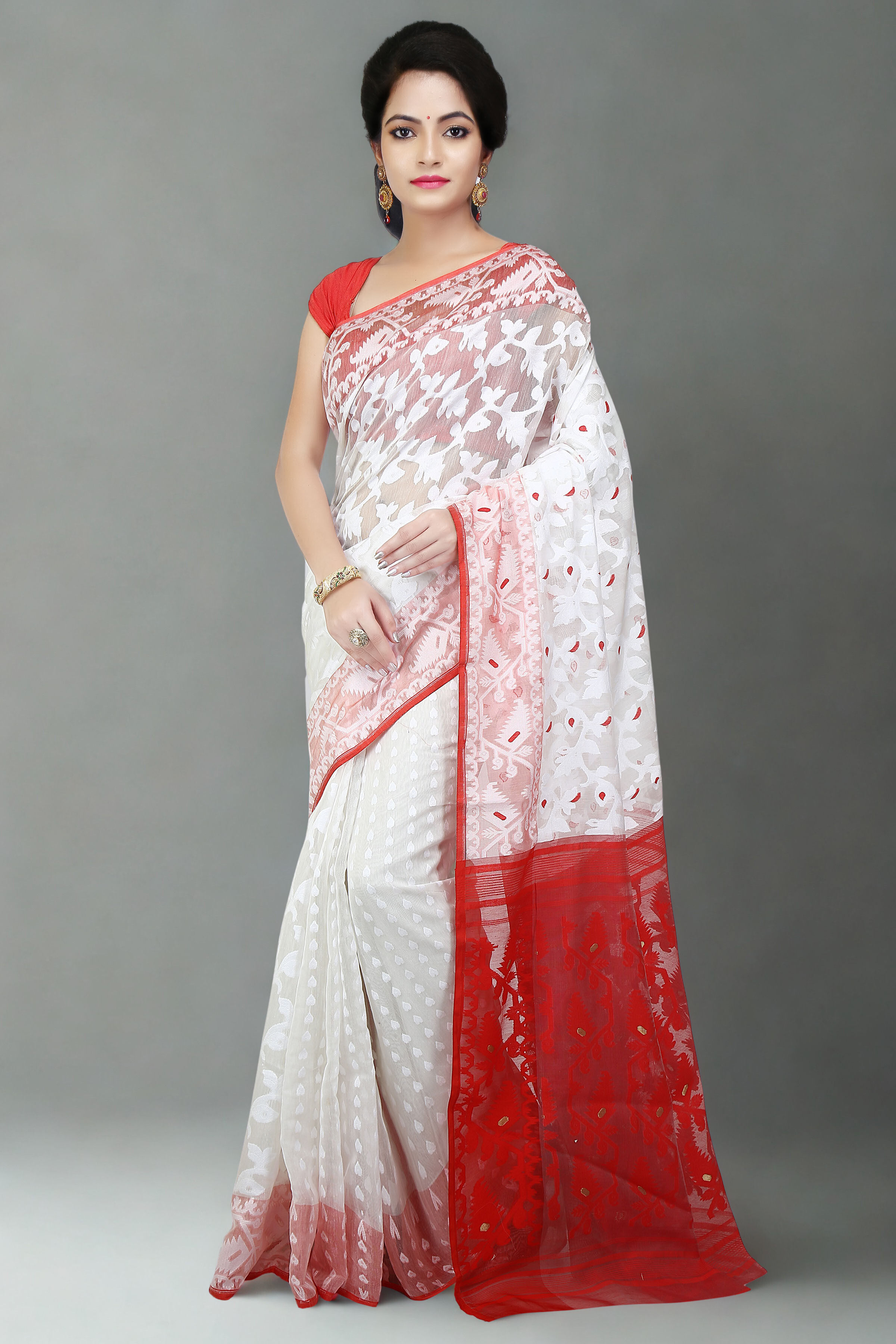 Soft Dhakai Jamdani Saree with All-over Thread Work - Fulia Special Red Pallu