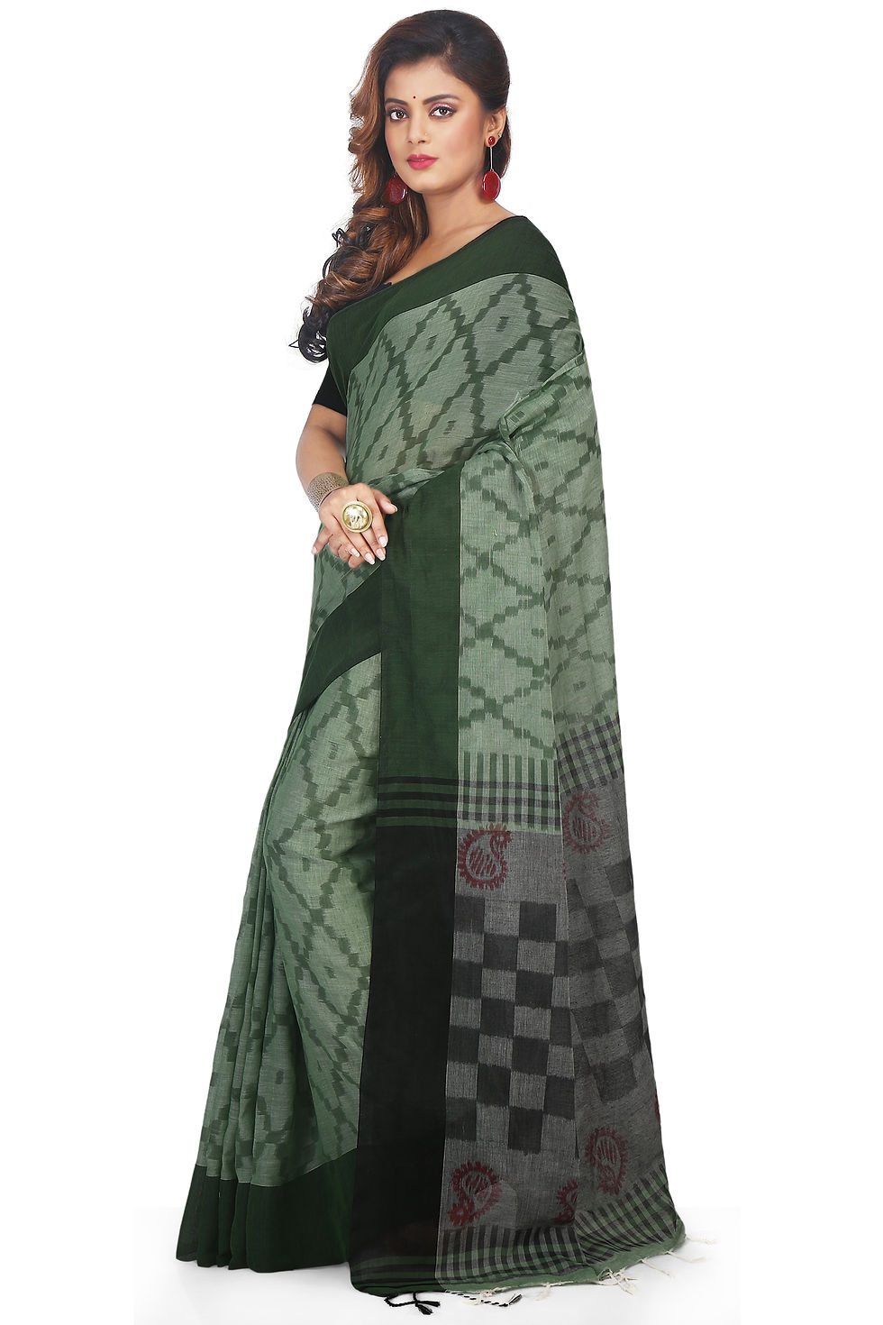 Thumbnail: Printed Handloom Cotton Saree in Moss Green
