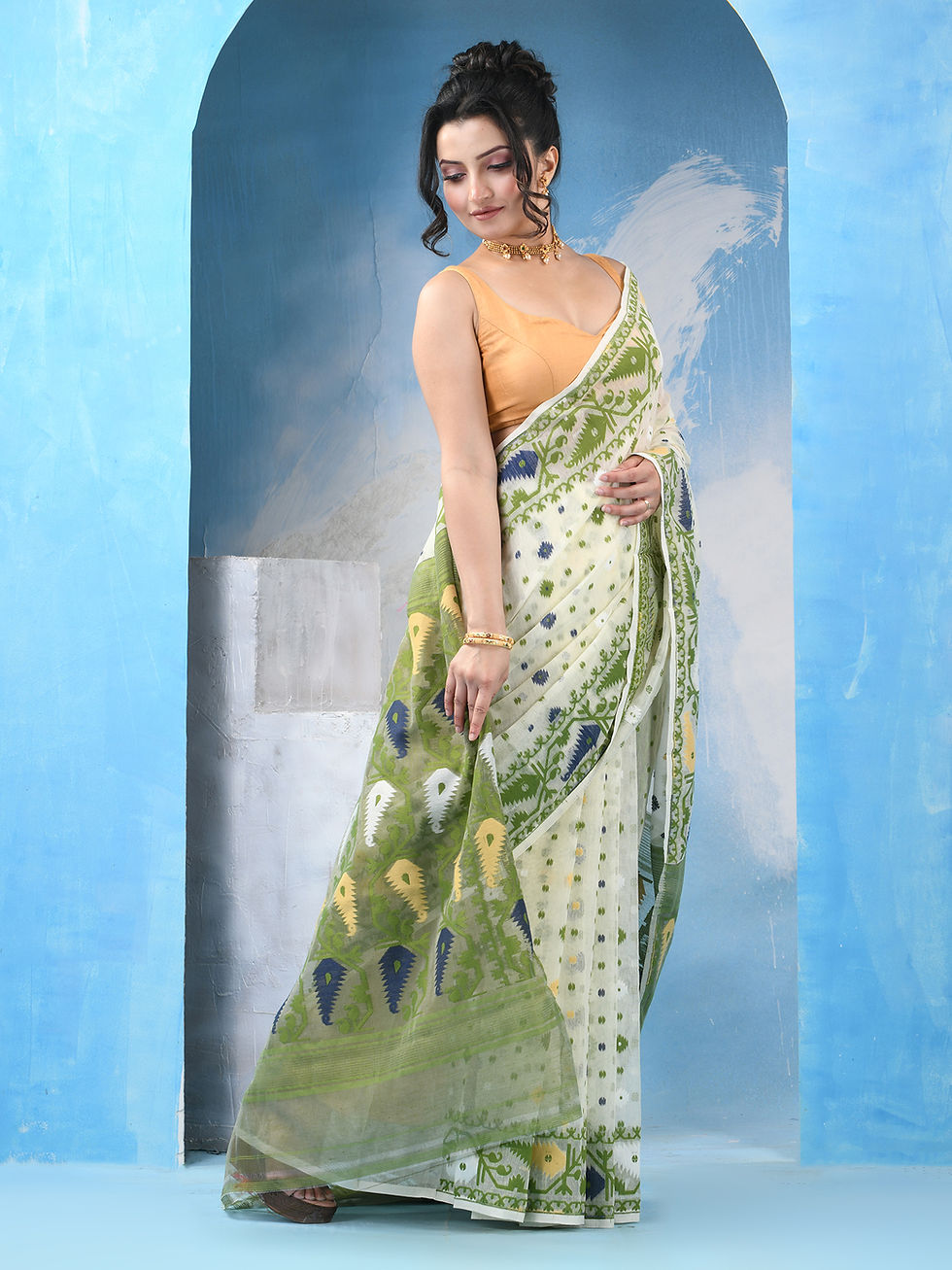 Thumbnail: Soft Dhakai Jamdani Saree with All-over Thread Work - Fulia (Off White & Green).