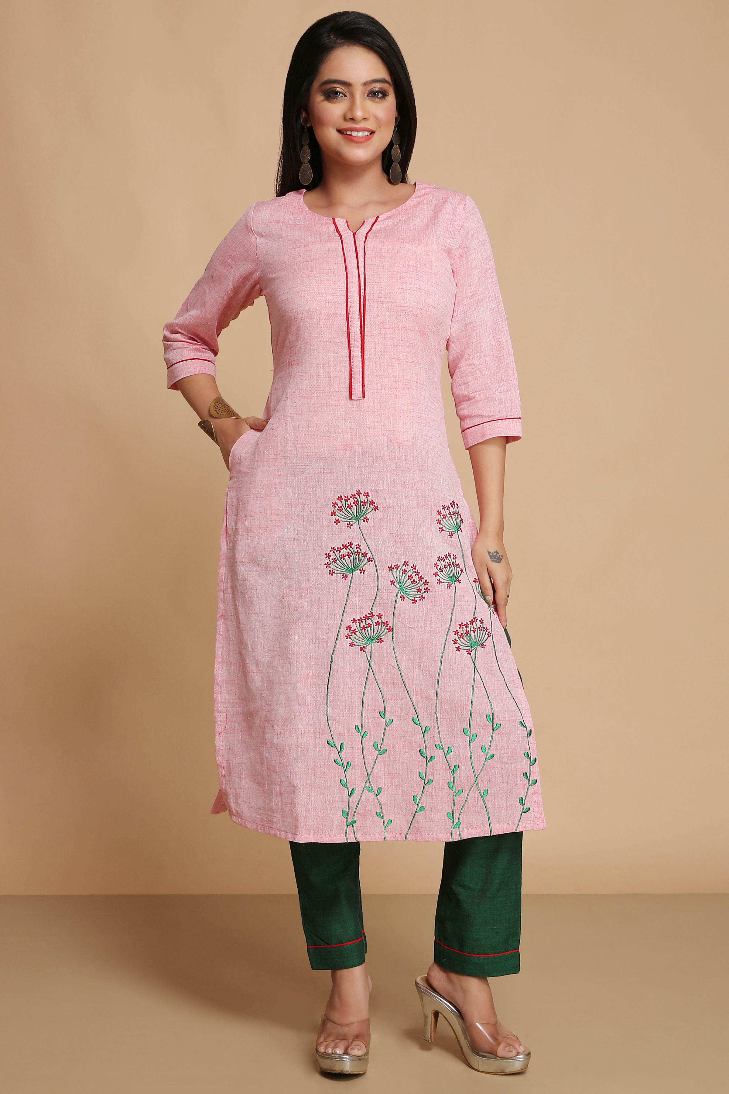 Pure Slab Khadi Cotton Embroidery Kurta Set in Pink & Green For Women's