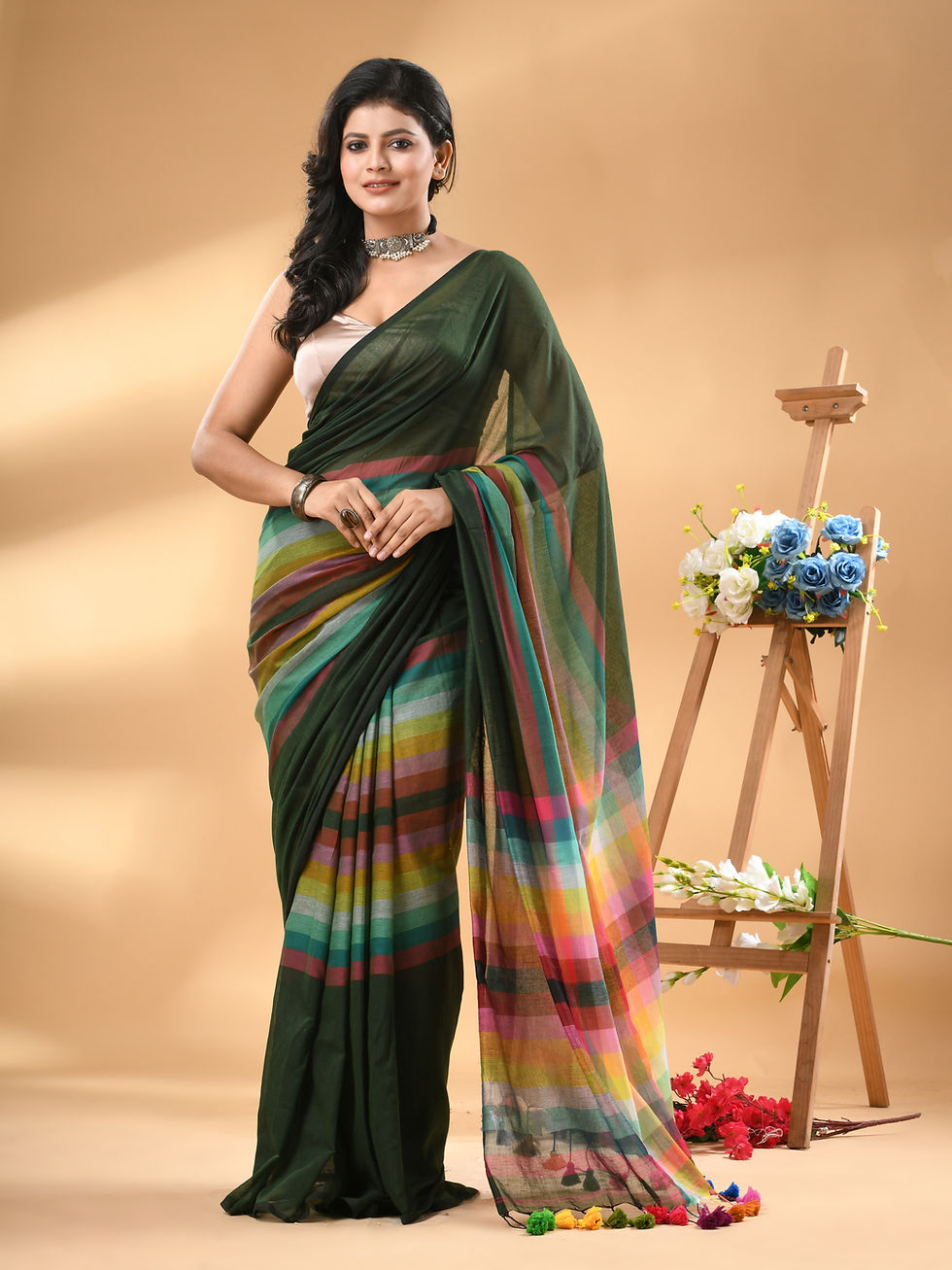Thumbnail: Pure Mul Mul Cotton Rainbow Saree – Green