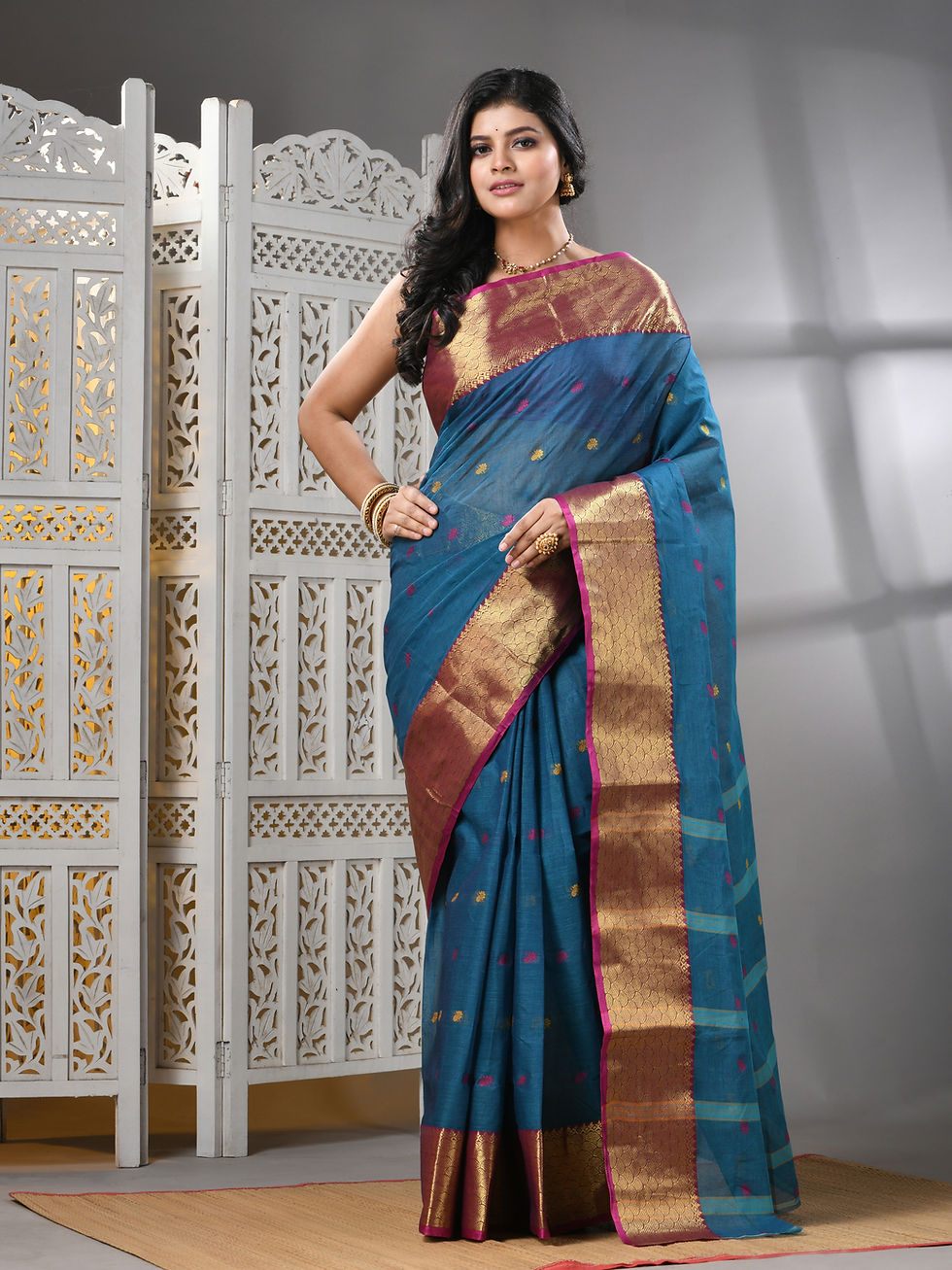 Thumbnail: Pure Cotton Tant Saree in Turquoise with Designer Zari Border
