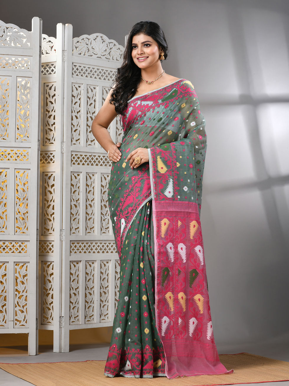 Thumbnail: Cotton Silk Dhakai Jamdani - Karat Work Handloom Saree(Dark Green & Pink).