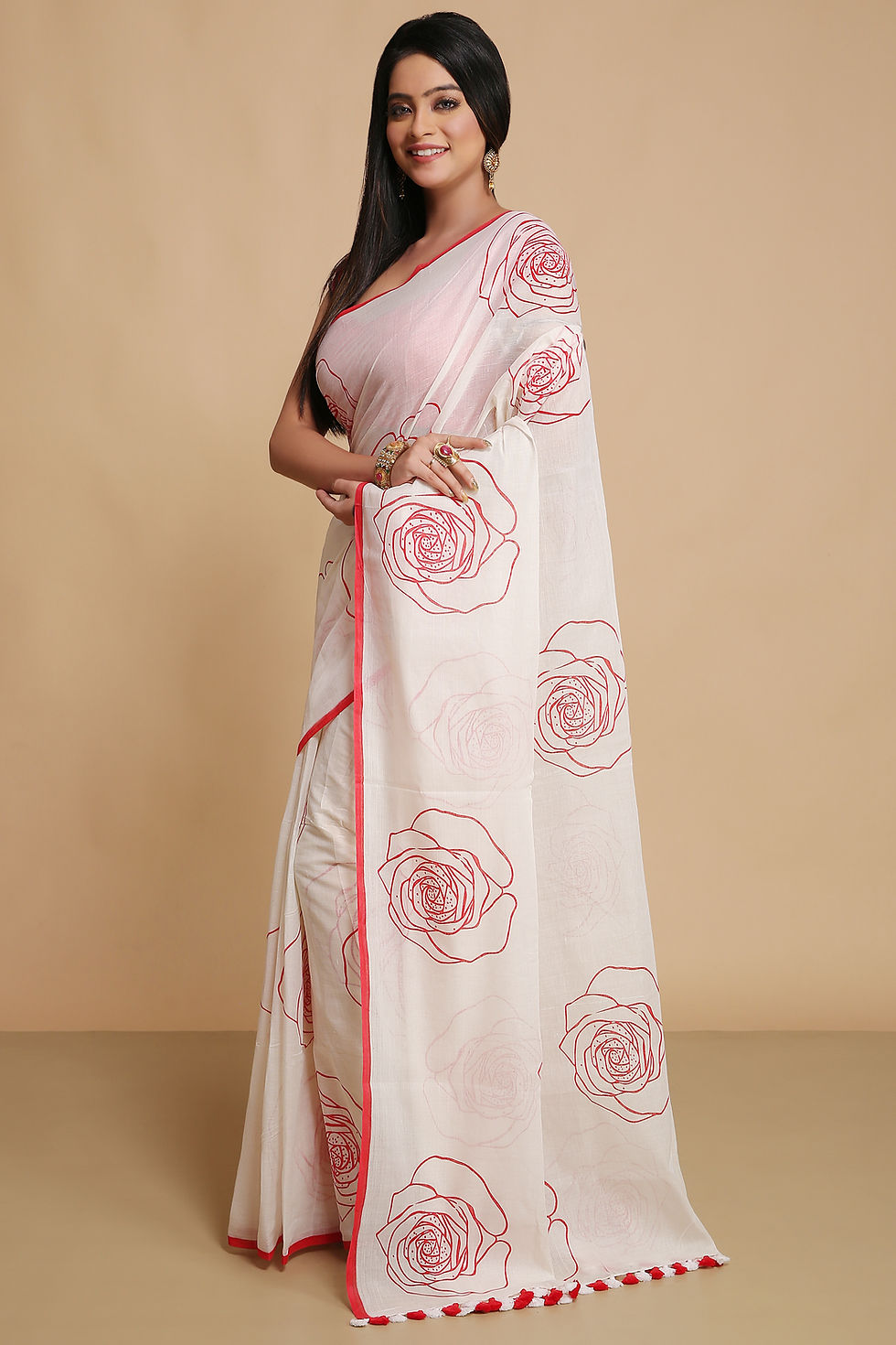 Thumbnail: cotton printed saree with blouse piece(White::Red).