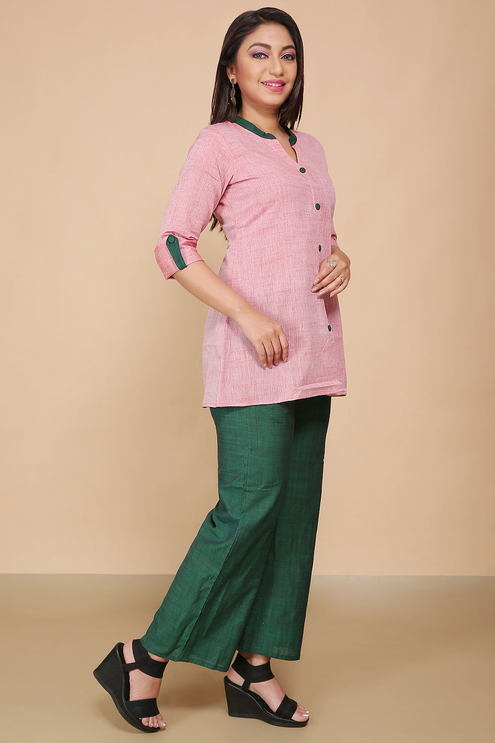 Thumbnail: Solid Khadi Cotton Coords Set In Pink & Green