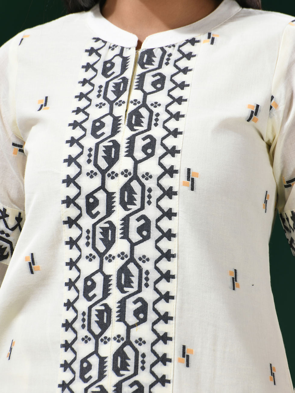 Thumbnail: Pure Cotton Woven Thread Jamdani Kurti in Off White & Black