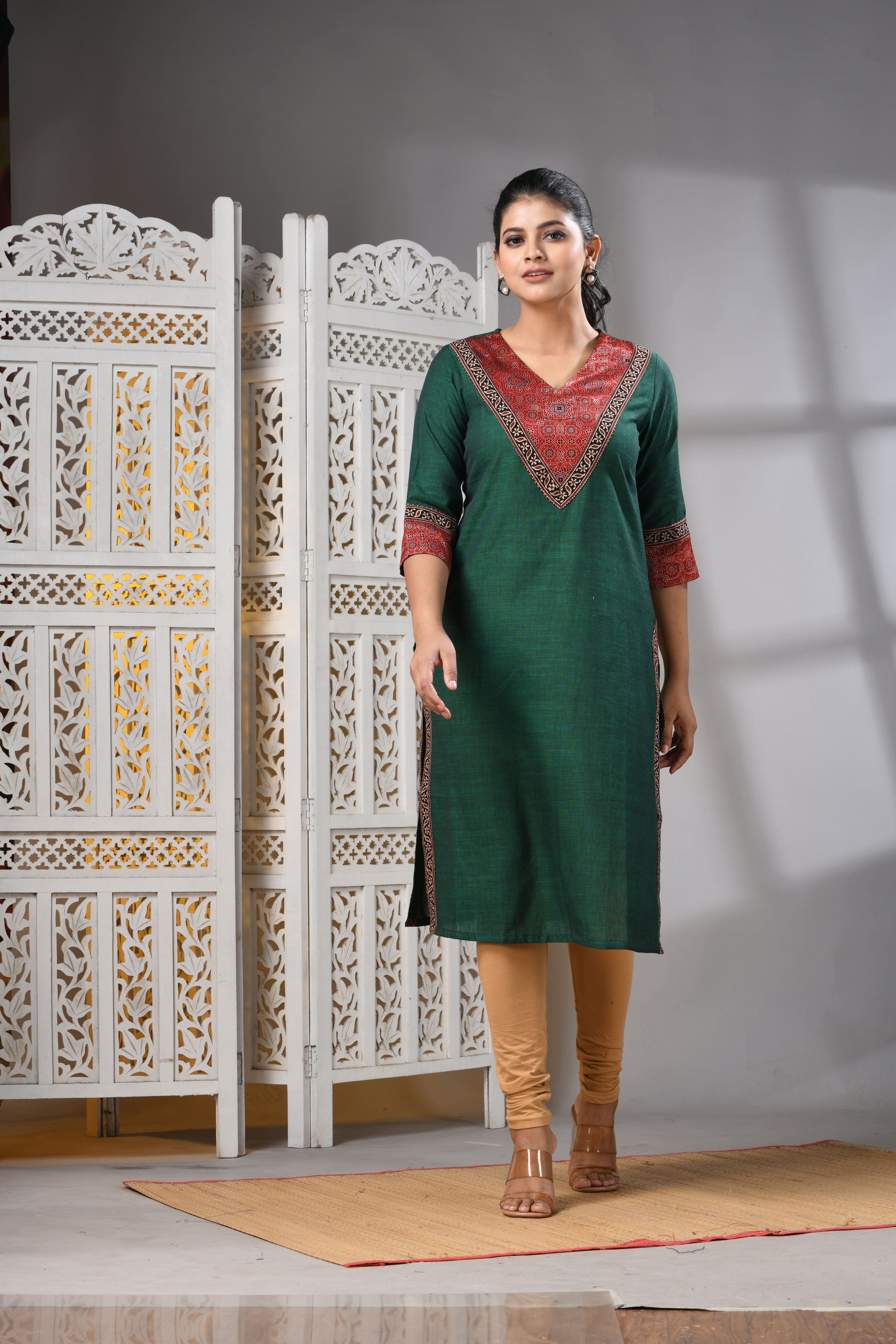 Authentic Bengal Khadi Handloom Kurti in Green with Modal Silk