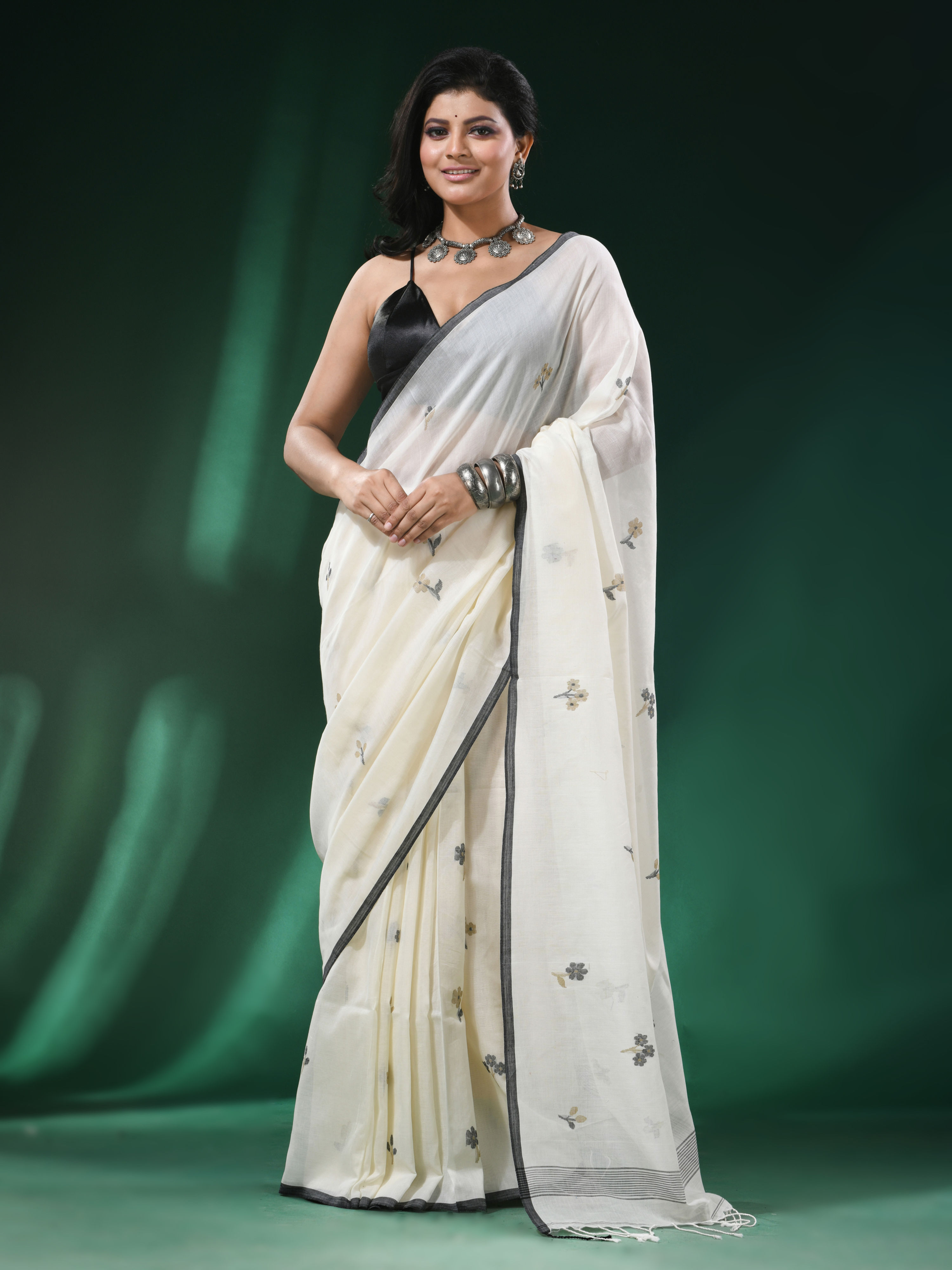 Woven Design Pure Cotton Saree In White