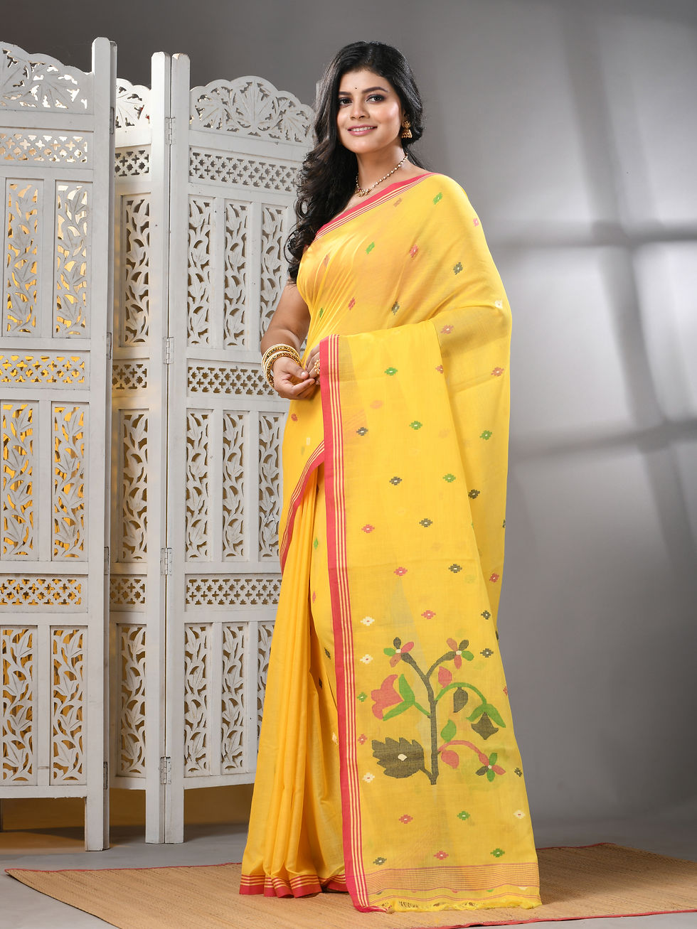 Thumbnail: Fulia Special Hand-Woven Pure Cotton Saree with Traditional Border(Yellow).