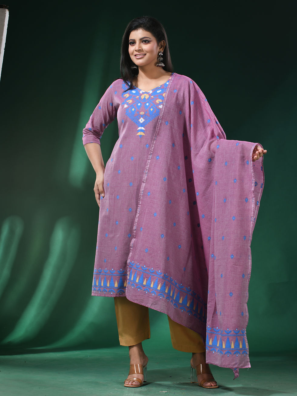 Thumbnail: Pure Cotton Woven Thread Jamdani 3PCS Set in Purple with Multicolor Thread Work