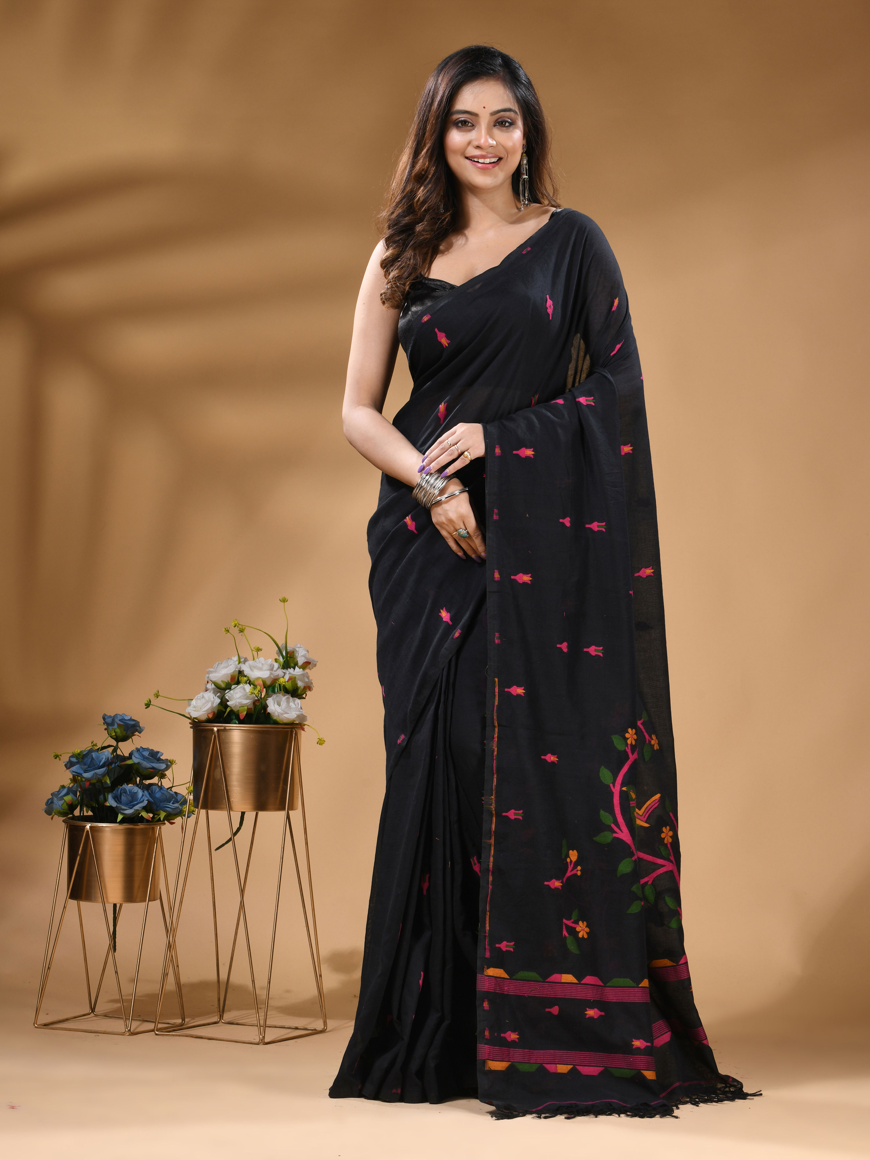WoodenTant Women's Handloom Pure Khadi Cotton Sari in Black