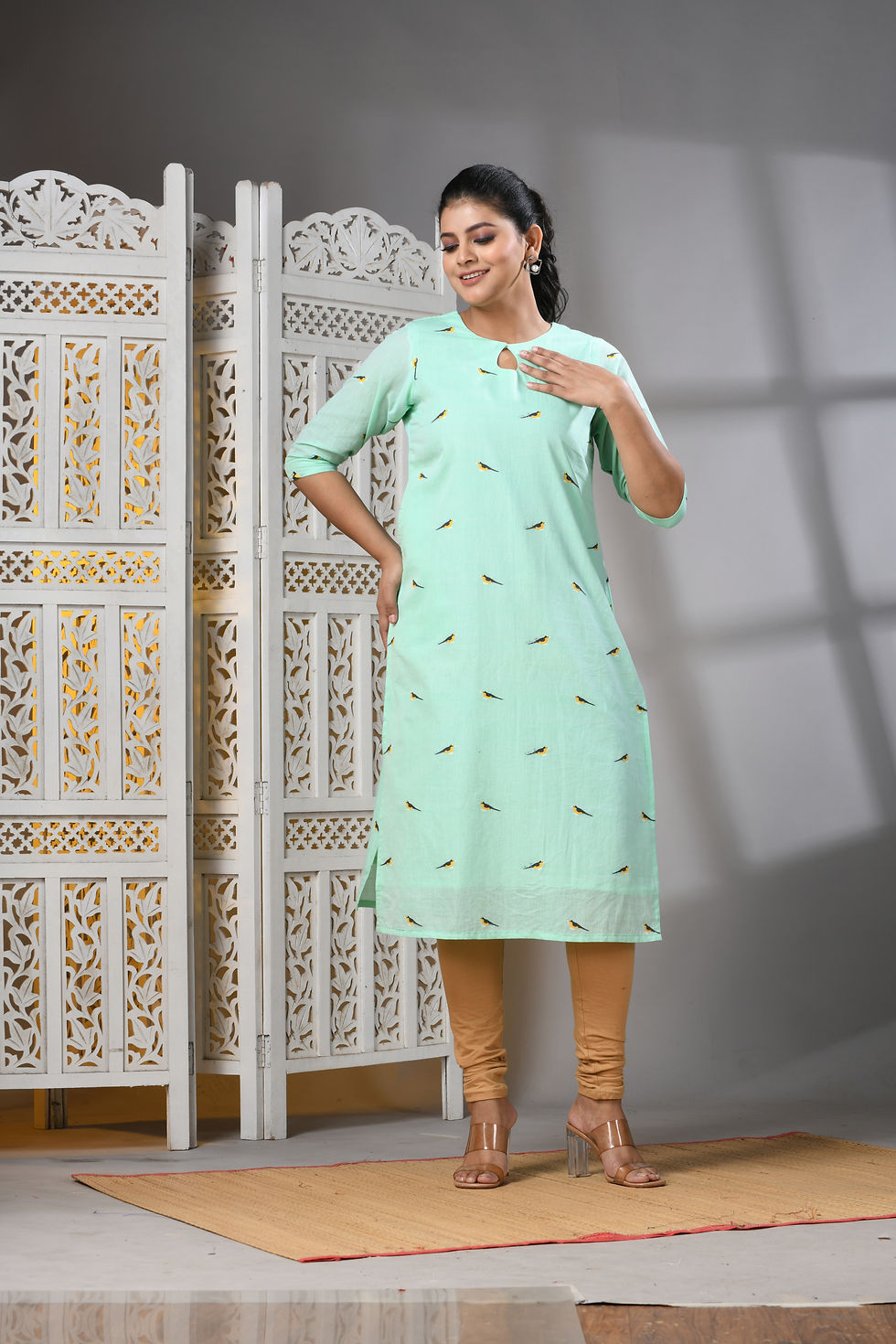 Thumbnail: Hand Woven Cotton Kurti in Sea Green with Woven Design