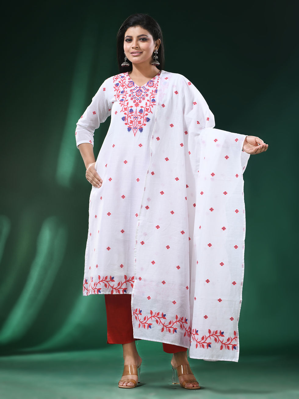 Thumbnail: Pure Cotton Woven Thread Jamdani 3PCS Set in White with Multicolor Thread Work