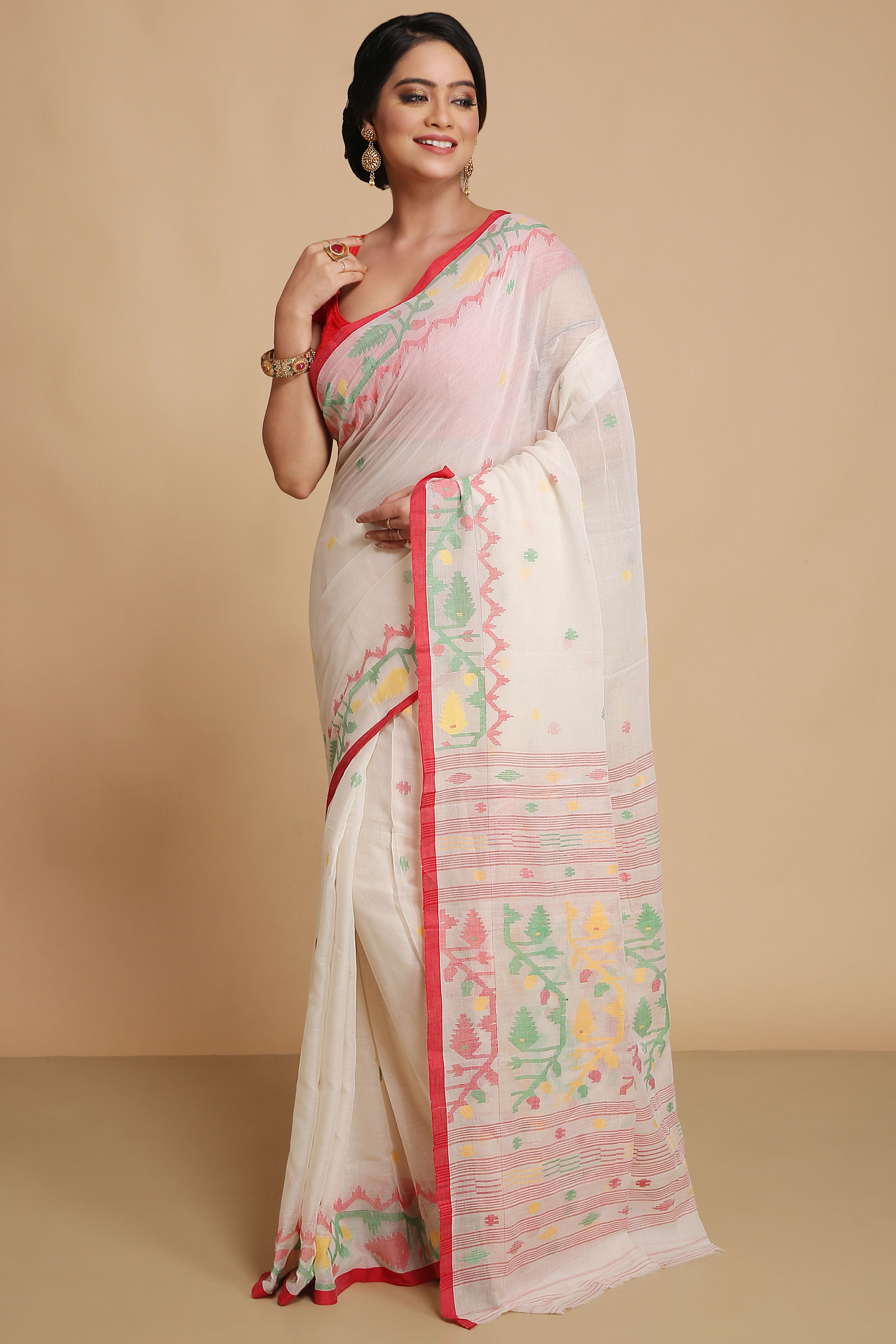 Hand Weaved Pure Cotton Jamdani Saree in White