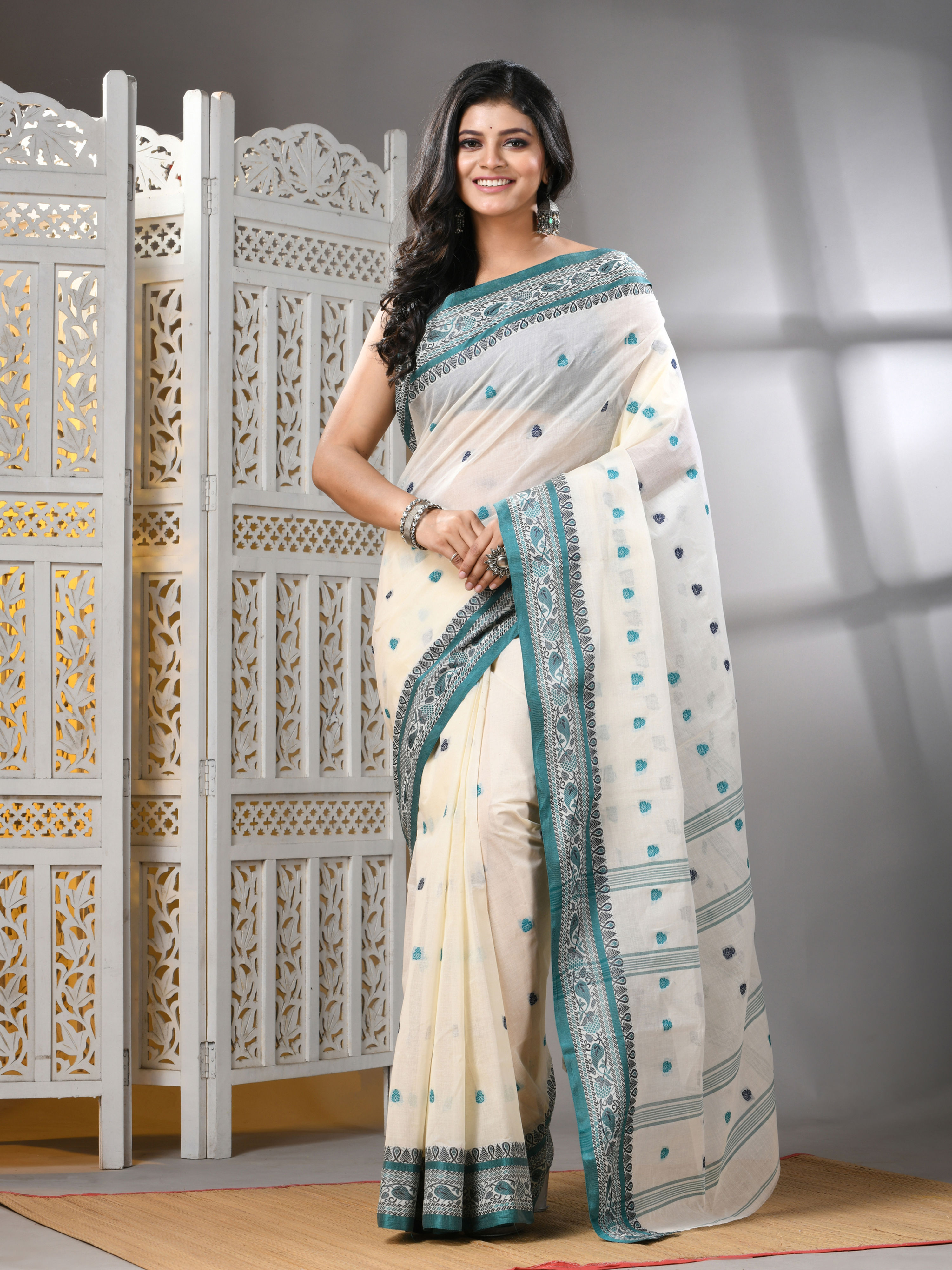 Pure Cotton Tant Saree in White with Designer Border