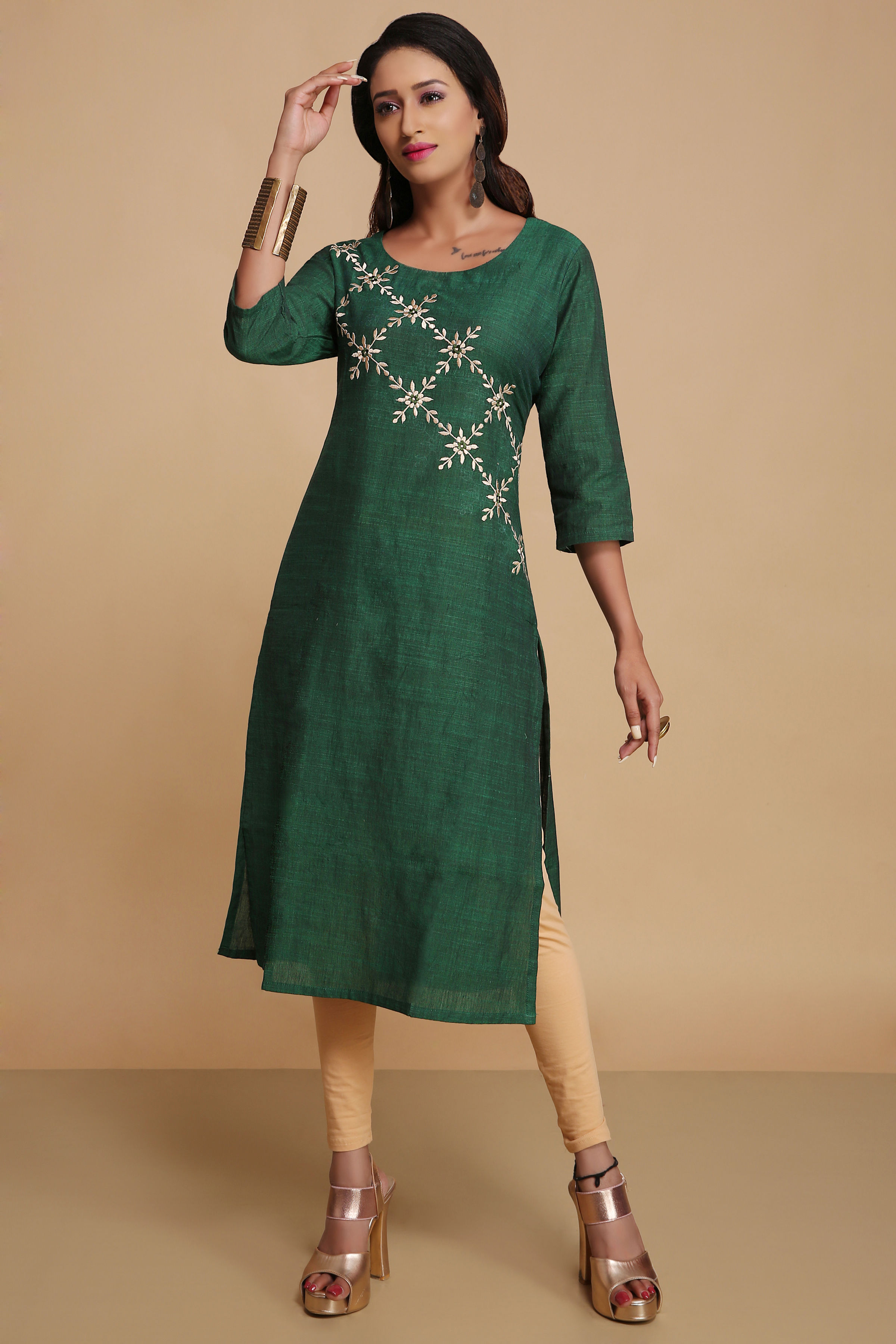 Khadi Cotton Embroidery Kurti in Green