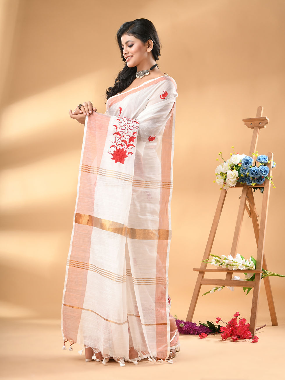 Thumbnail: COTTON SILK HANDLOOM EMBROIDERY SAREE WITH B.P(WHITE)