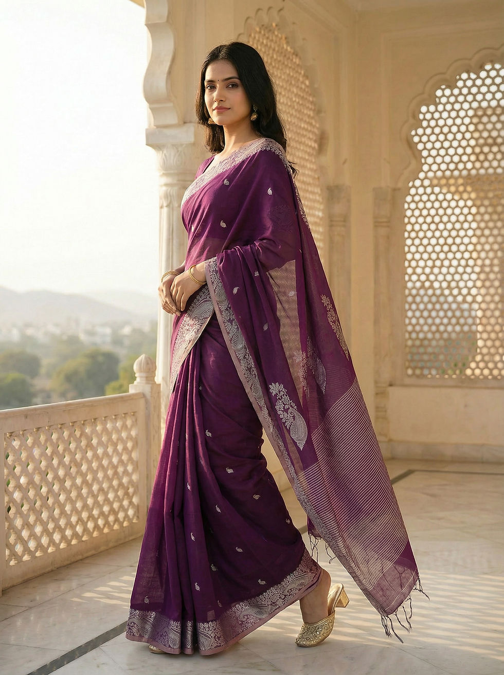 Thumbnail: Woven Design Pure Cotton Saree in Purple