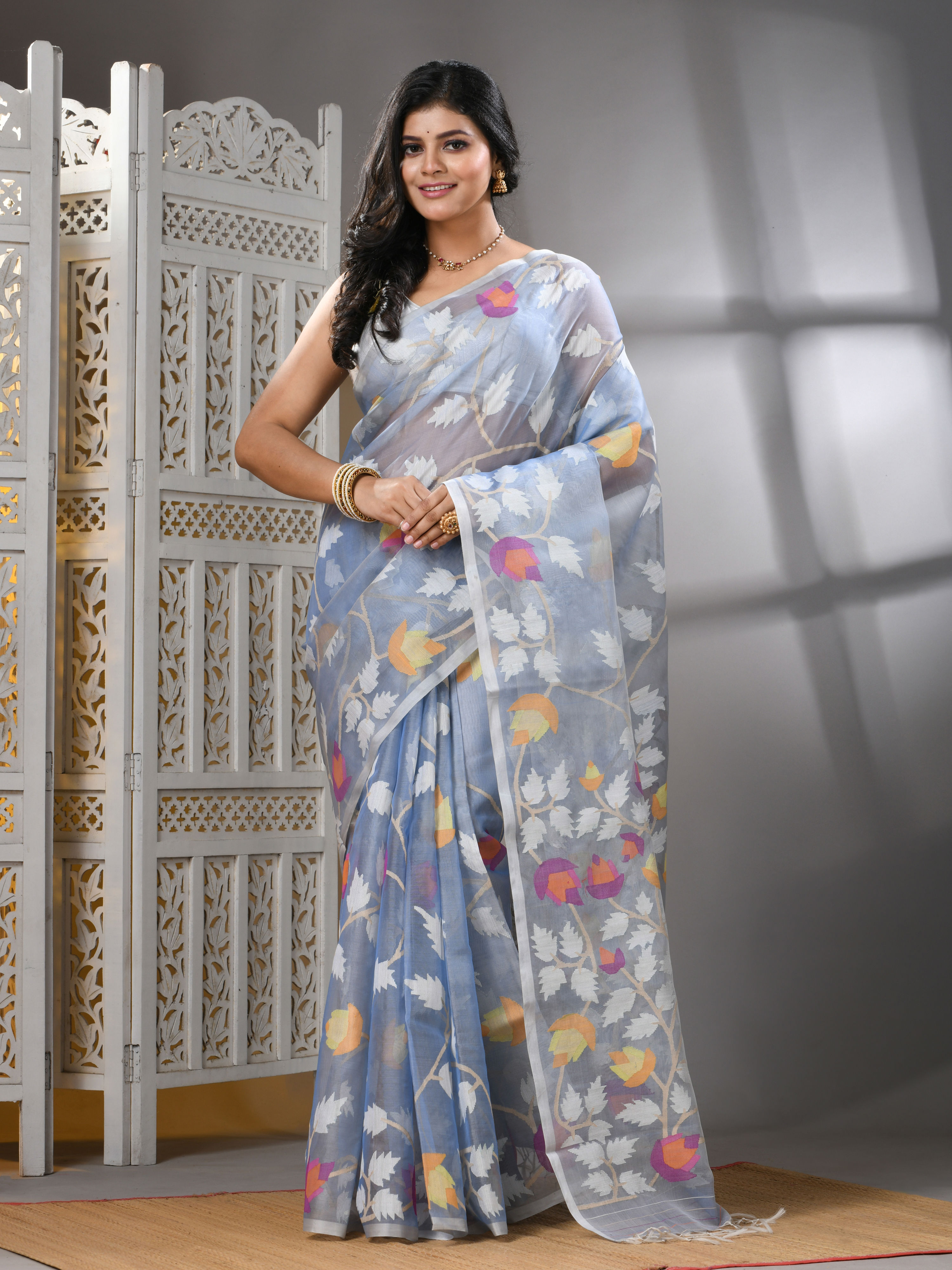 Hand Woven Pure Resham Silk Muslin Jamdani Saree in Grey