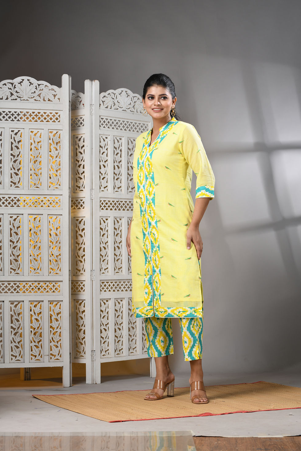 Thumbnail: Weaving Printed Cotton Kurta Set in Yellow