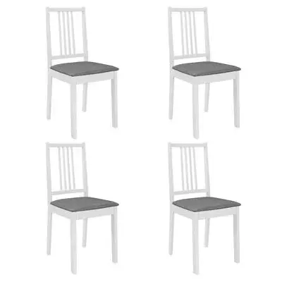 Lot de 4 chaises à manger, avec coussins, blanc, bois solide.