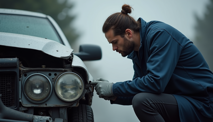 Nahaufnahme eines KFZ-Gutachters bei der Begutachtung eines Unfallfahrzeugs