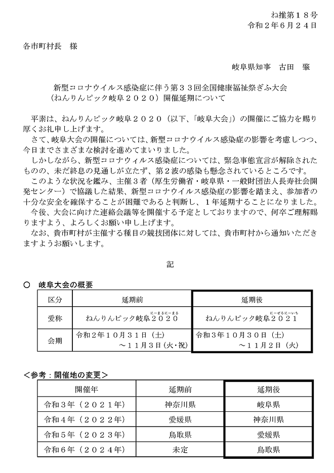 第33回全国健康福祉祭ぎふ大会(ねんりんピック岐阜2020)開催延期について_ペ