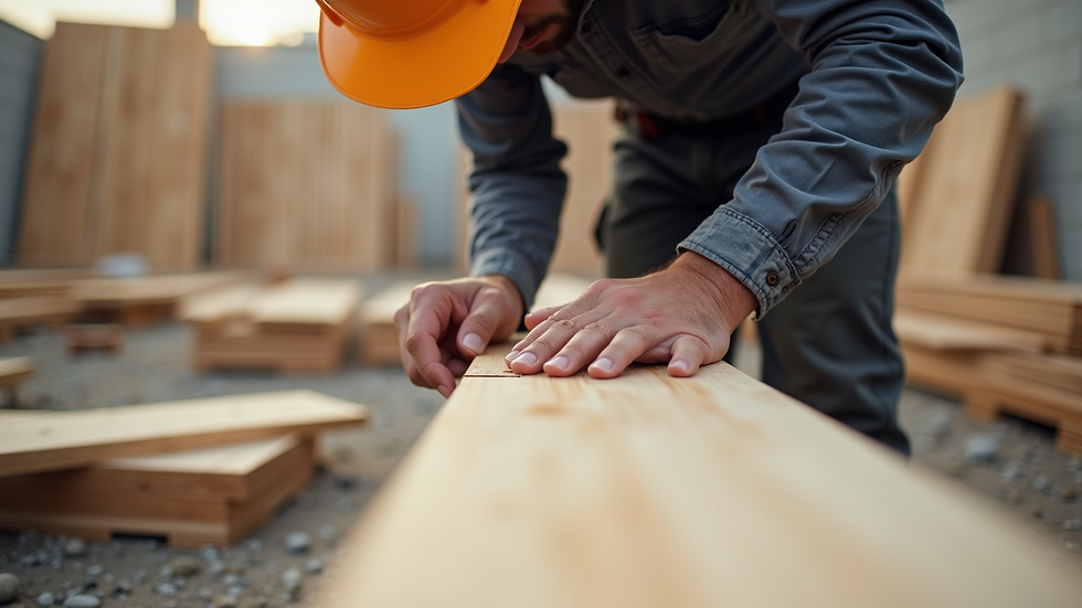 Close-up view of construction worker measuring wood on site