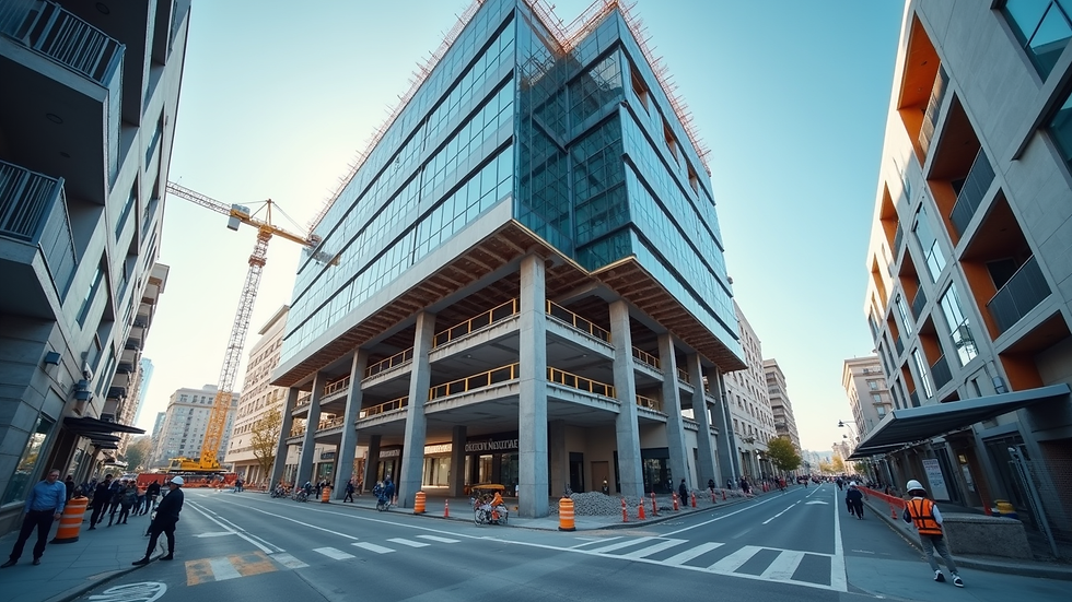 Eye-level view of a modern commercial building under construction