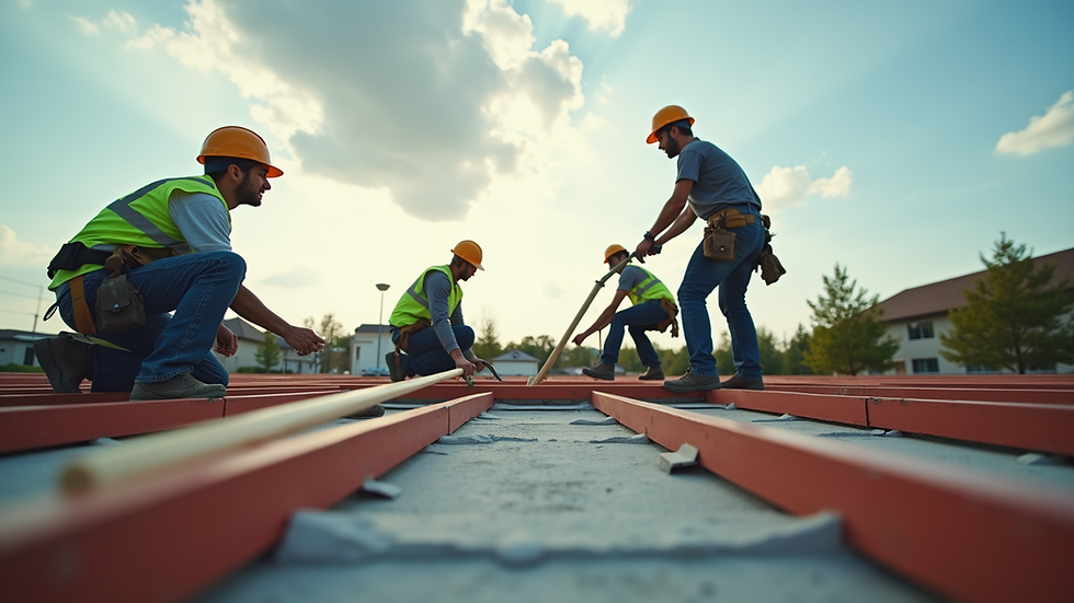 Eye-level view of a construction site with workers installing roofing