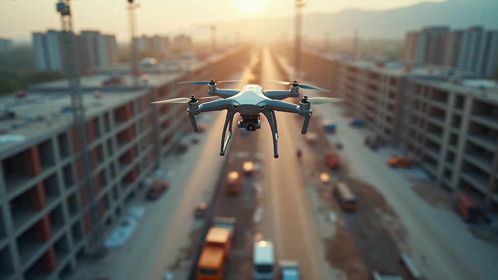 High angle view of a construction site with a drone flying overhead