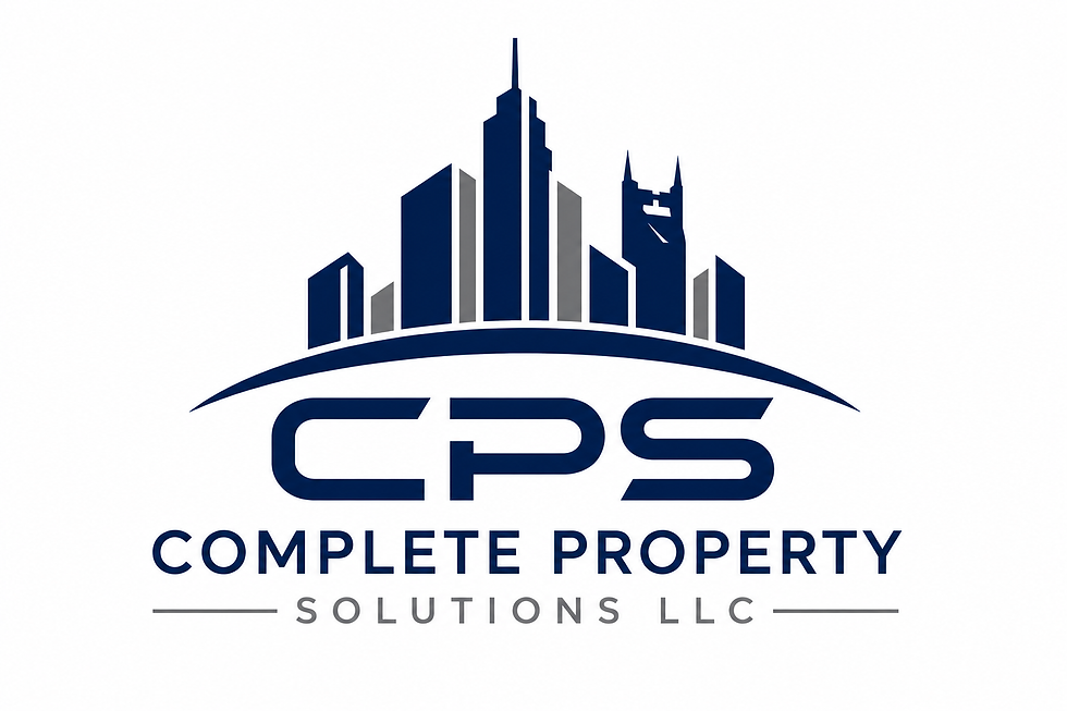 Landscape logo for Complete Property Solutions LLC with stylized city skyline above the letters CPS and the full business name below