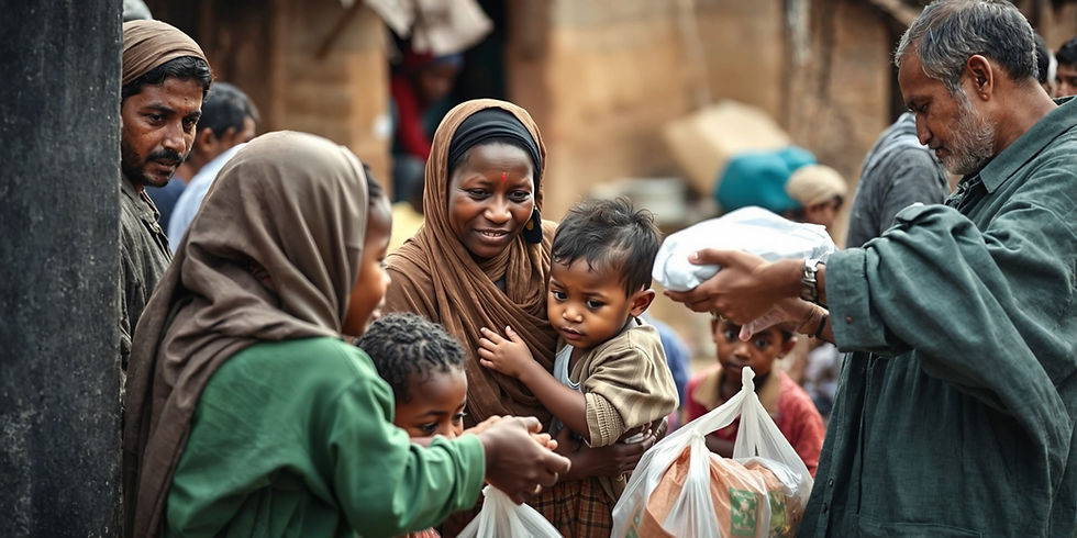 A real, human moment___A mother holding a child__Children receiving food__A relief worker