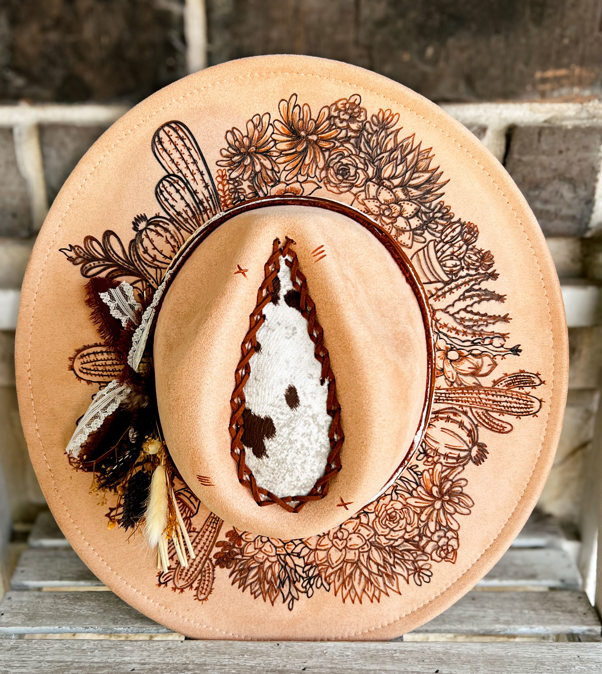 Cactus/Succulent Vegan Suede Hand Burned Hat