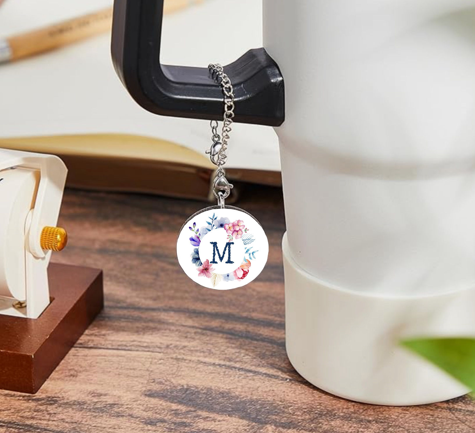 Round Purple/Pink Floral Initial Charm