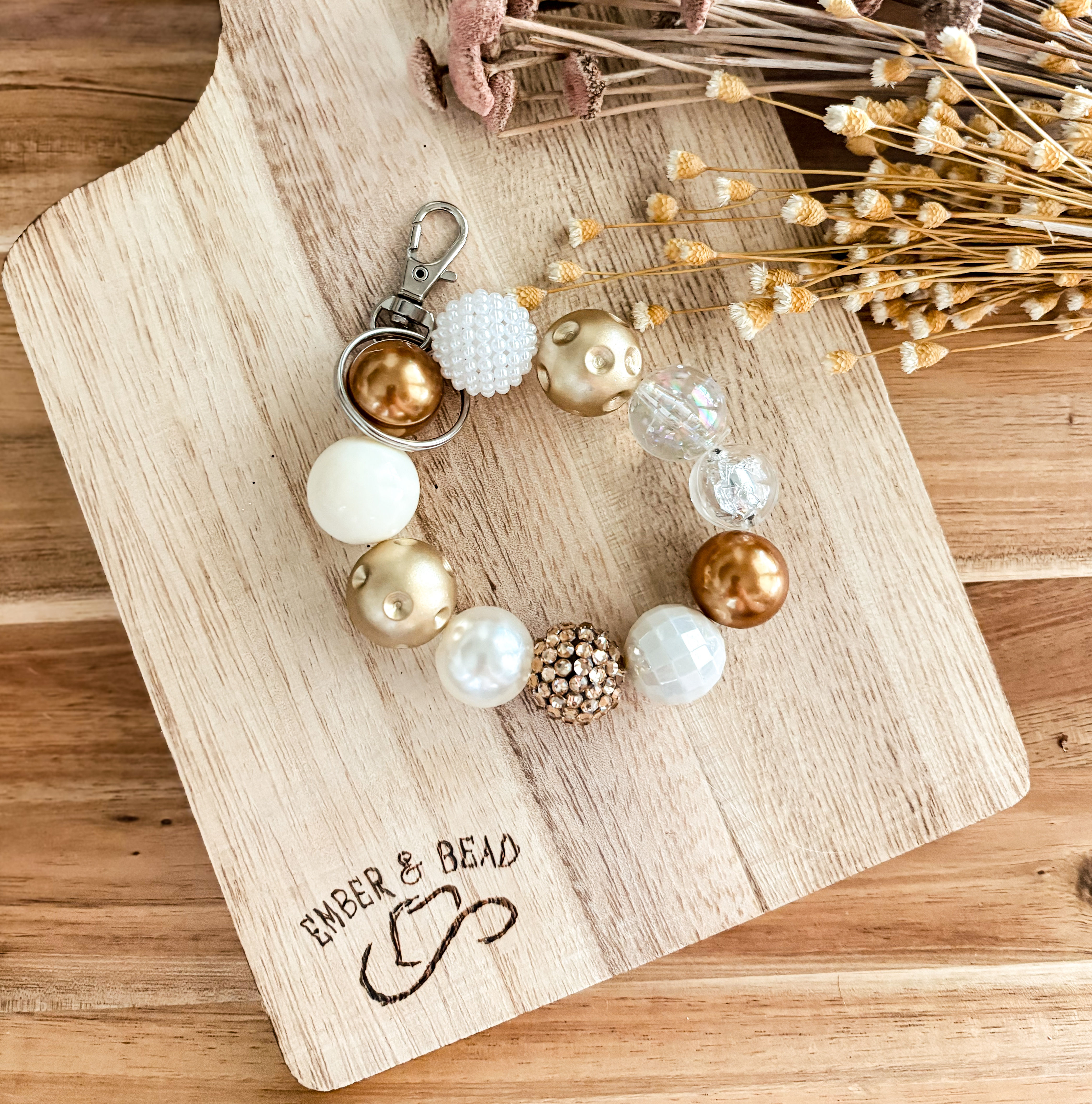 Beaded Bracelet Keychain-Gold&White