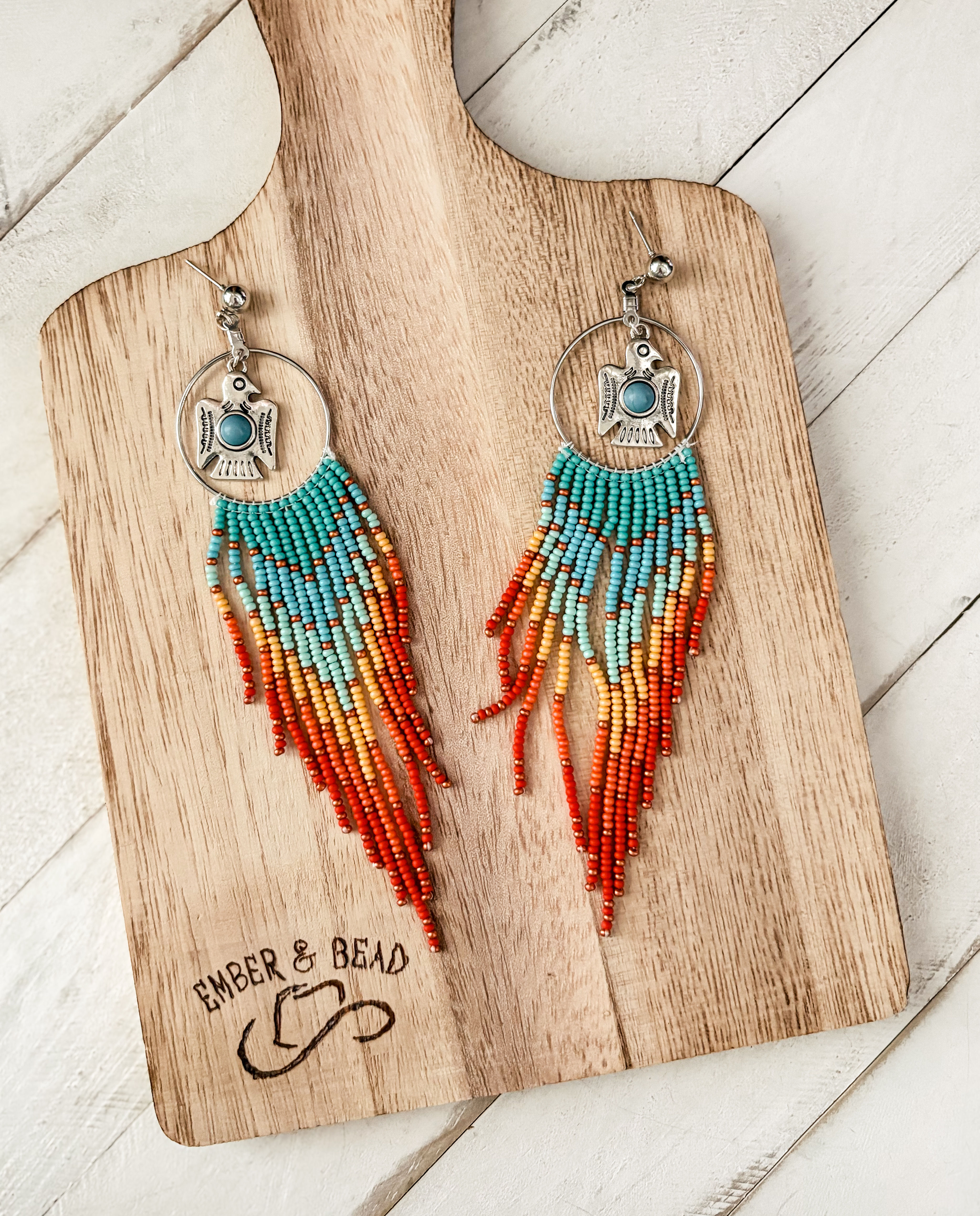 Western Seed Bead Earrings- Teal Bird