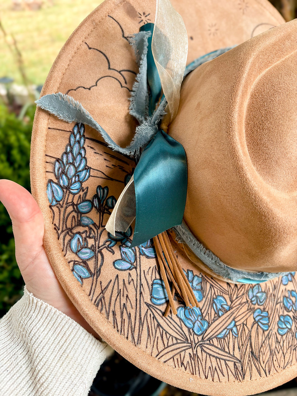 Thumbnail: Hand Burned & Painted Hat- Blue Bonnet Fields