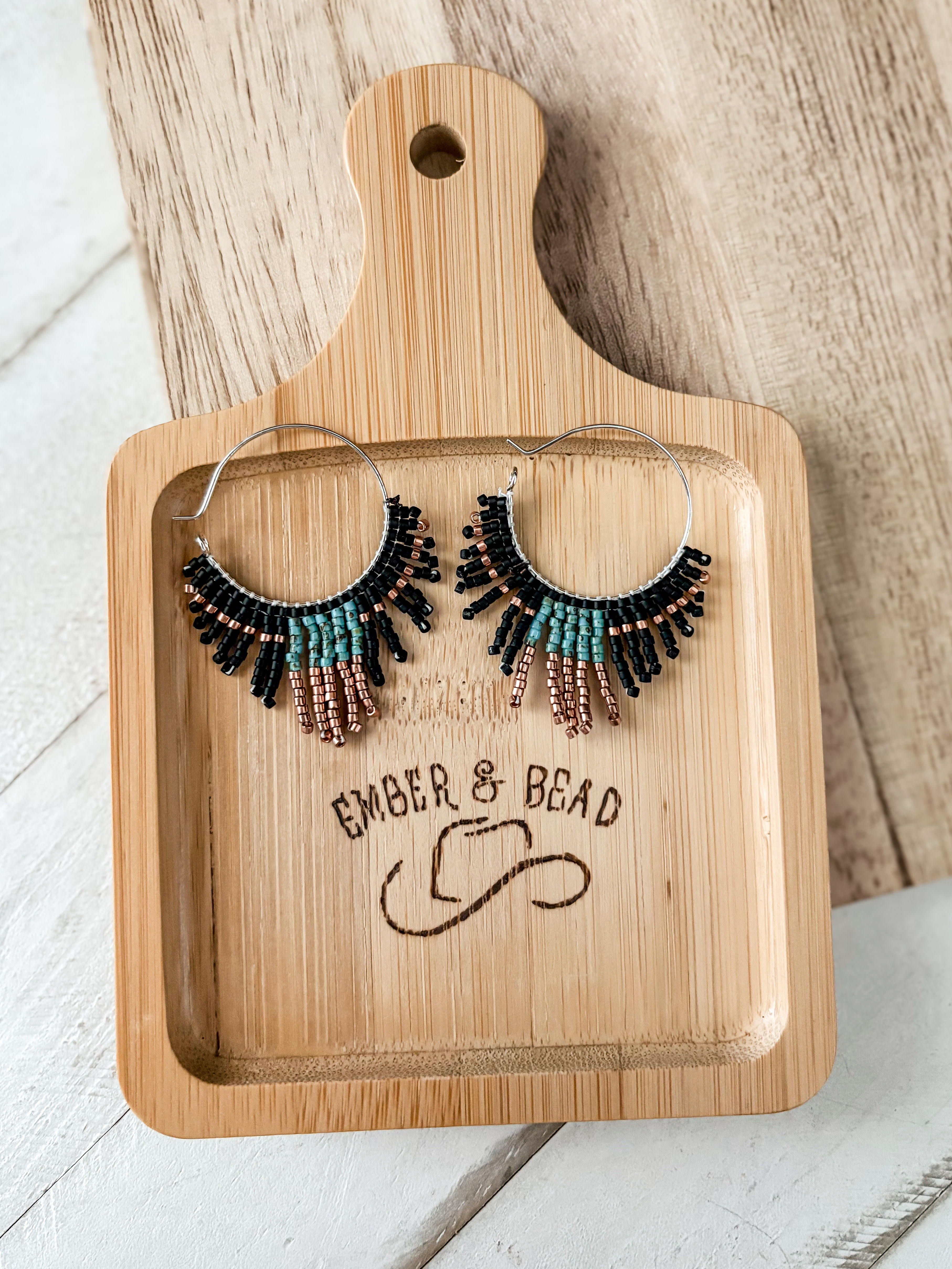 Western Seed Bead Fringe Hoops- Sunburst Teal