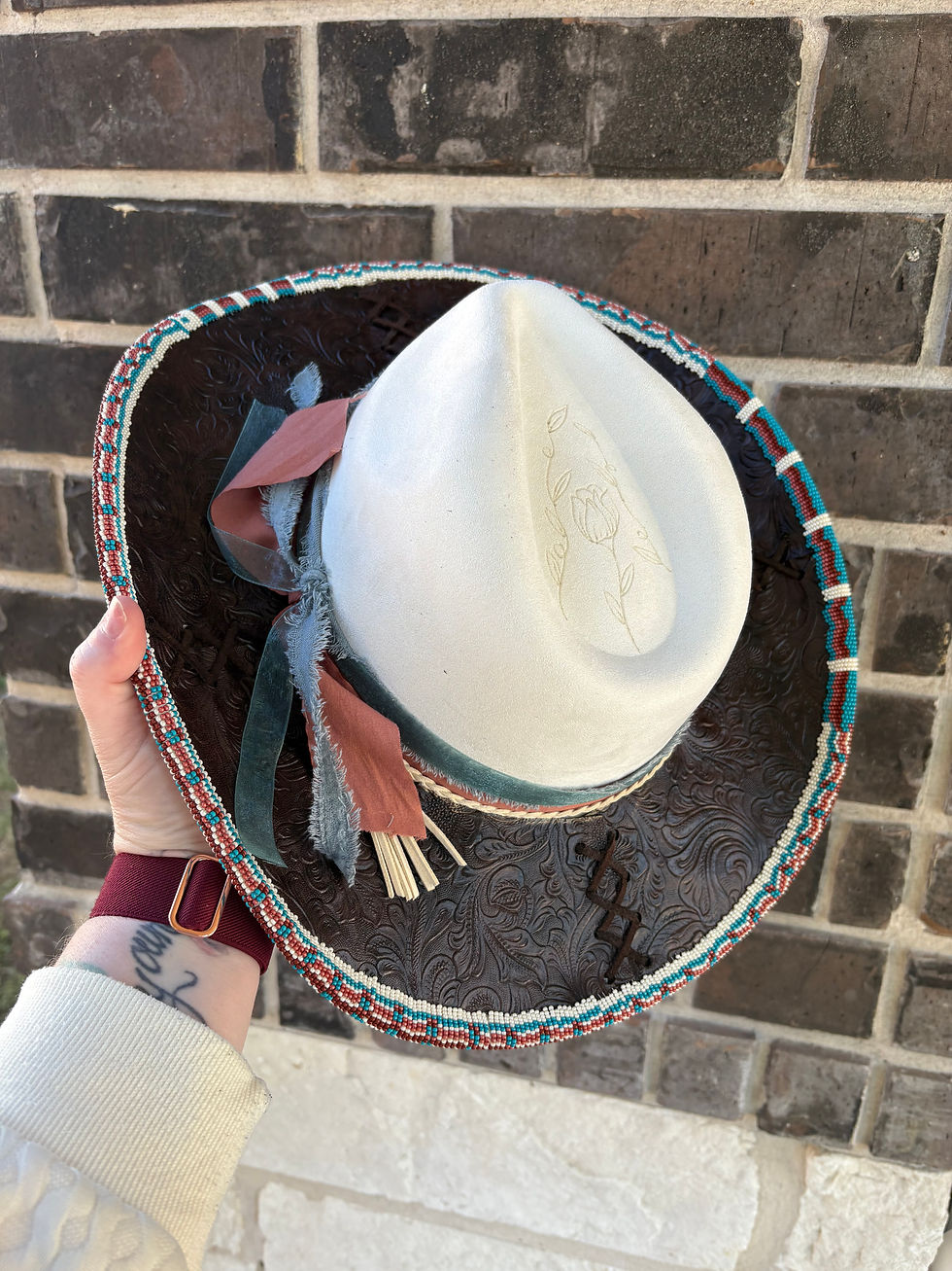 Thumbnail: Hand Burned Western Hat -Beaded Brim